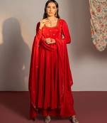 Red embroidered crepe anarkali set
