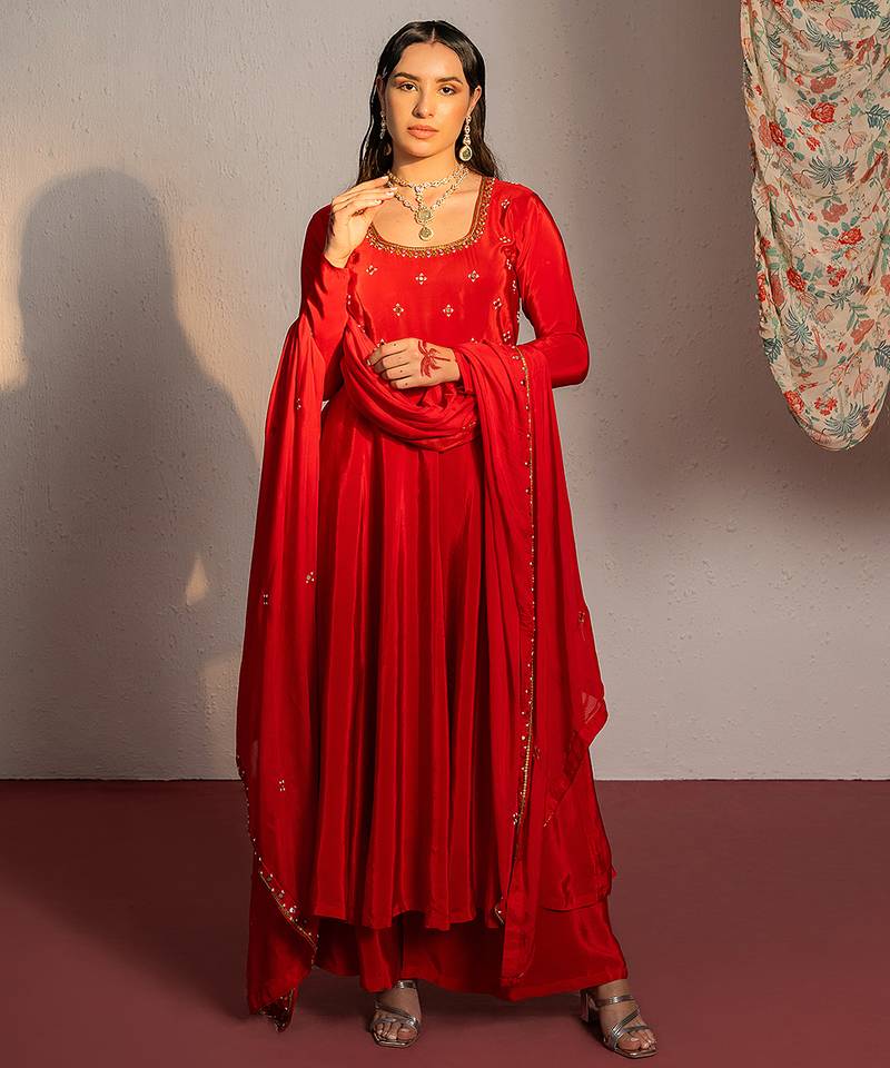 Red embroidered crepe anarkali set