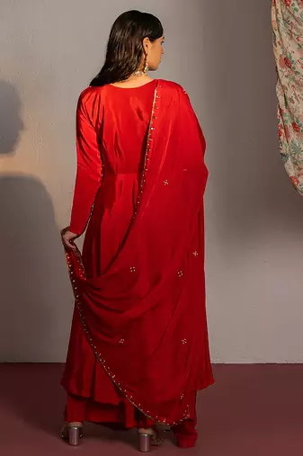 Red embroidered crepe anarkali set