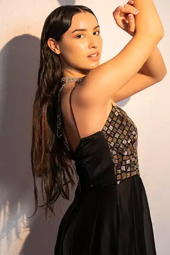 Black embroidered satin silk jumpsuit