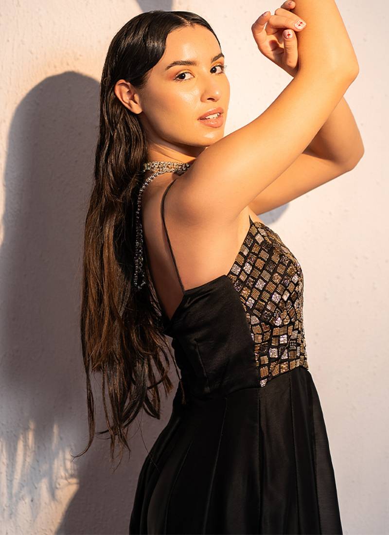 Black embroidered satin silk jumpsuit