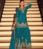 Teal embroidered chinon free size stitched palazzo style salwar suit