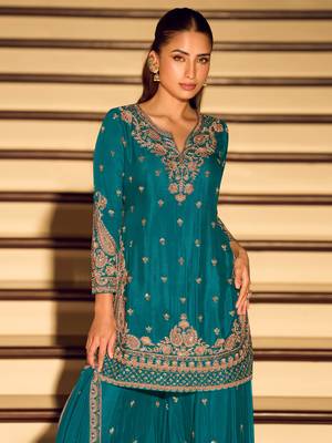 Teal embroidered chinon free size stitched palazzo style salwar suit 2