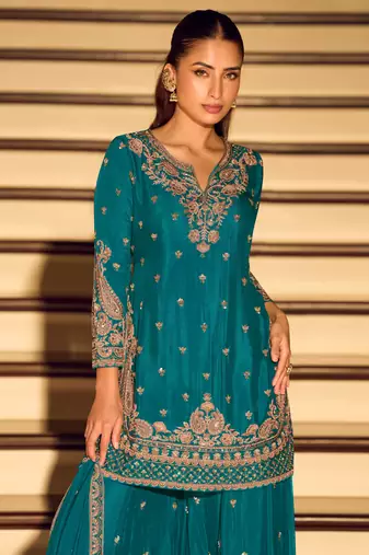 Teal embroidered chinon free size stitched palazzo style salwar suit