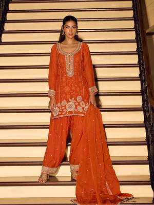 Orange embroidered chinon free size stitched palazzo style salwar suit 1