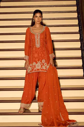 Orange embroidered chinon free size stitched palazzo style salwar suit