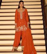 Orange embroidered chinon free size stitched palazzo style salwar suit