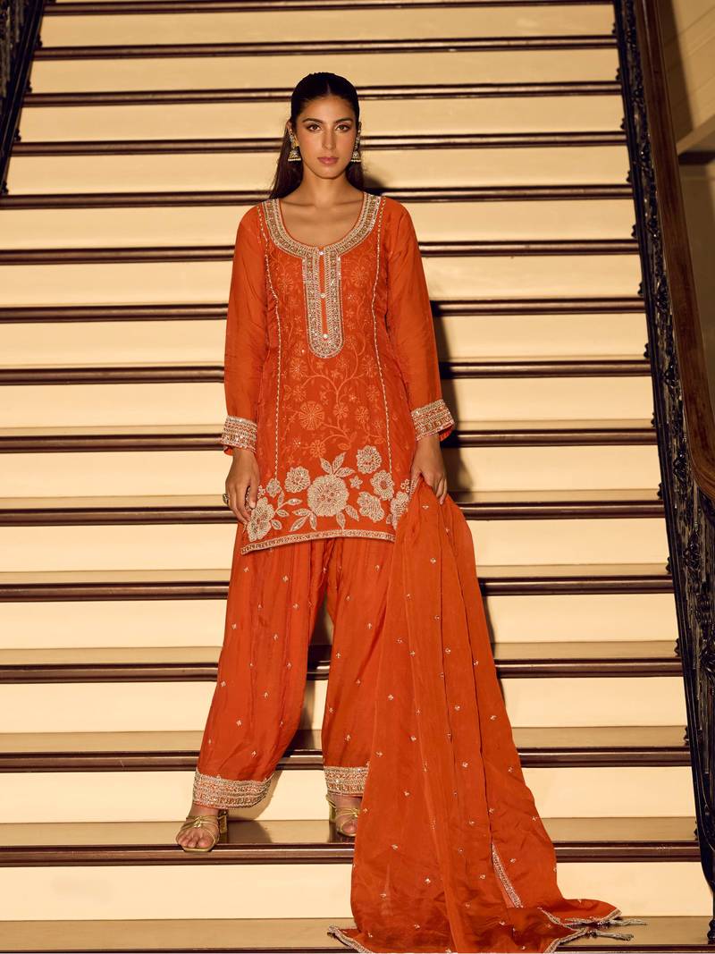 Orange embroidered chinon free size stitched palazzo style salwar suit