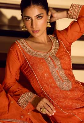 Orange embroidered chinon free size stitched palazzo style salwar suit 2