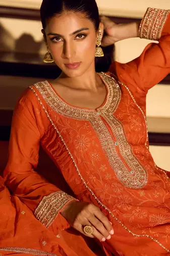 Orange embroidered chinon free size stitched palazzo style salwar suit