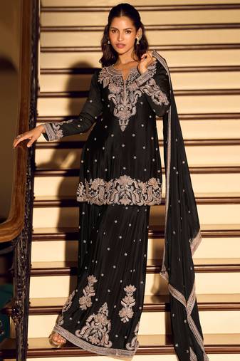 Black embroidered chinon free size stitched palazzo style salwar suit