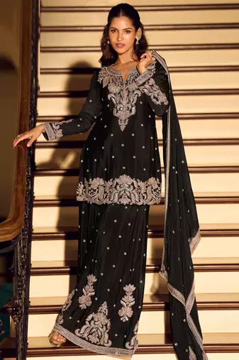 Black embroidered chinon free size stitched palazzo style salwar suit