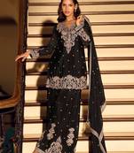 Black embroidered chinon free size stitched palazzo style salwar suit