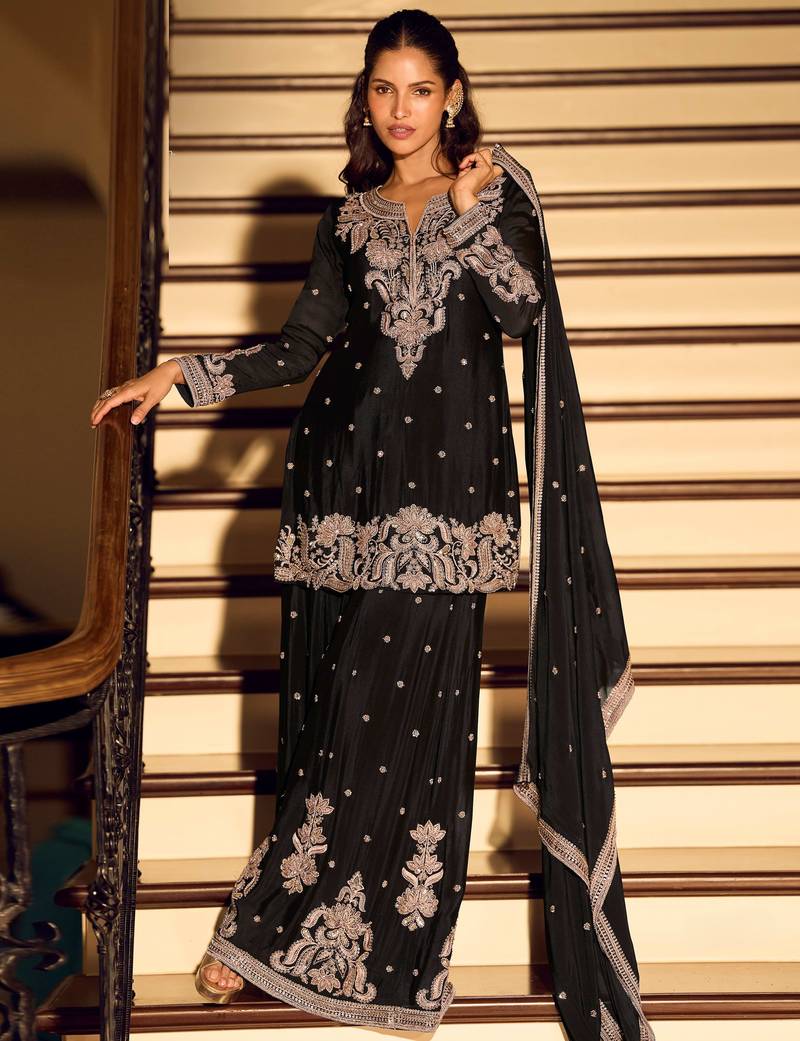 Black embroidered chinon free size stitched palazzo style salwar suit