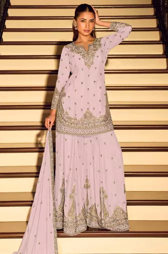 Lavender embroidered chinon free size stitched palazzo style salwar suit