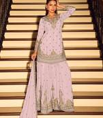 Lavender embroidered chinon free size stitched palazzo style salwar suit