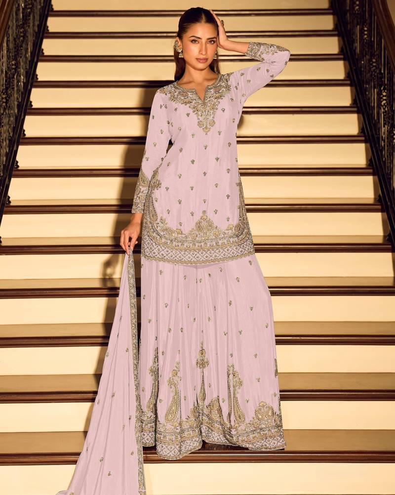 Lavender embroidered chinon free size stitched palazzo style salwar suit