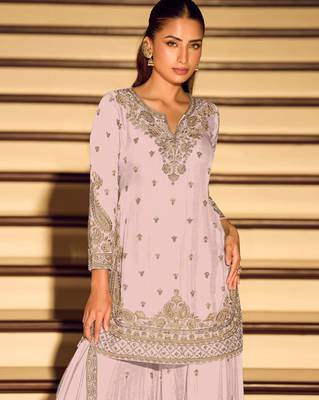 Lavender embroidered chinon free size stitched palazzo style salwar suit 2