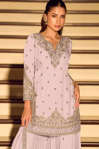 Lavender embroidered chinon free size stitched palazzo style salwar suit