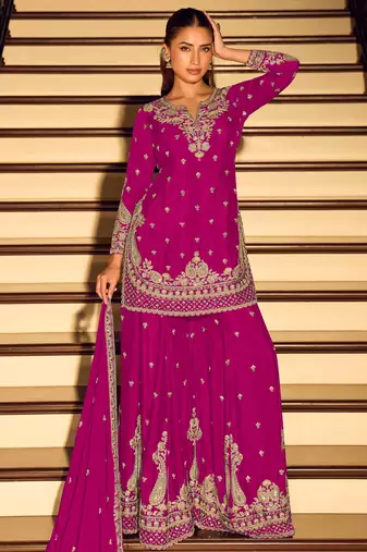 Pink embroidered chinon free size stitched palazzo style salwar suit