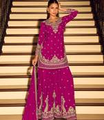 Pink embroidered chinon free size stitched palazzo style salwar suit