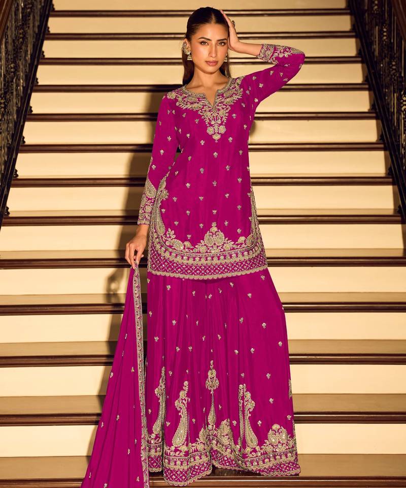 Pink embroidered chinon free size stitched palazzo style salwar suit
