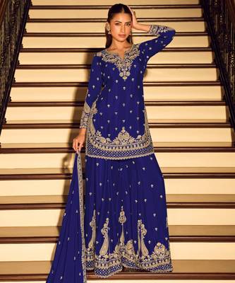 Royal blue embroidered chinon free size stitched palazzo style salwar suit 1