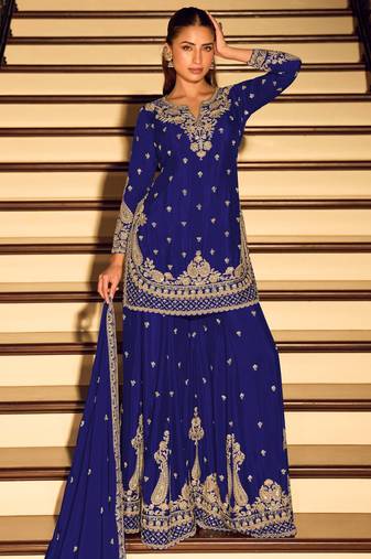Royal blue embroidered chinon free size stitched palazzo style salwar suit