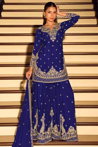 Royal blue embroidered chinon free size stitched palazzo style salwar suit