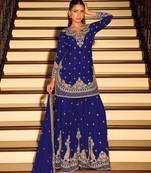 Royal blue embroidered chinon free size stitched palazzo style salwar suit