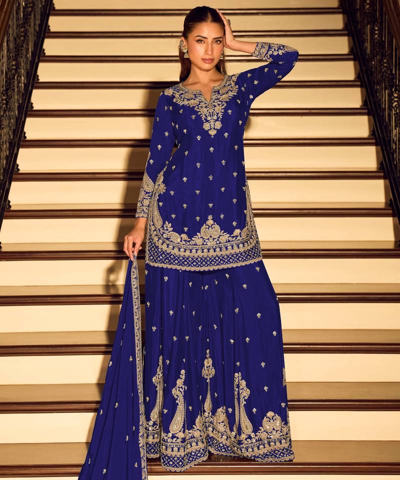 Royal blue embroidered chinon free size stitched palazzo style salwar suit