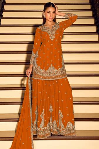 Orange embroidered chinon free size stitched palazzo style salwar suit