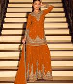 Orange embroidered chinon free size stitched palazzo style salwar suit