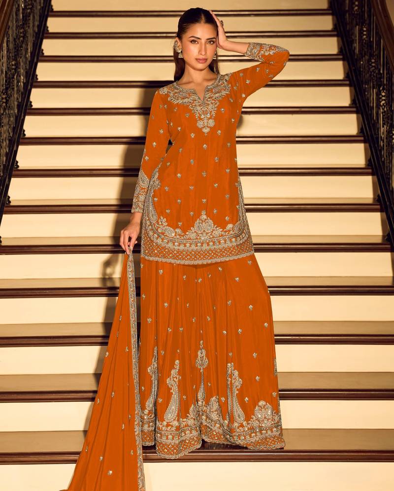 Orange embroidered chinon free size stitched palazzo style salwar suit