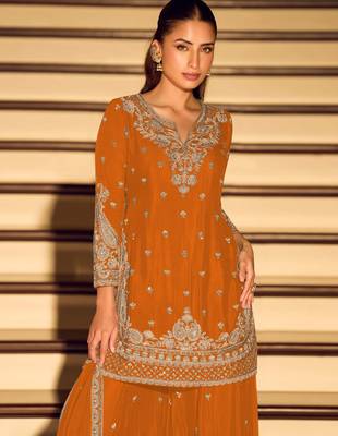 Orange embroidered chinon free size stitched palazzo style salwar suit 2