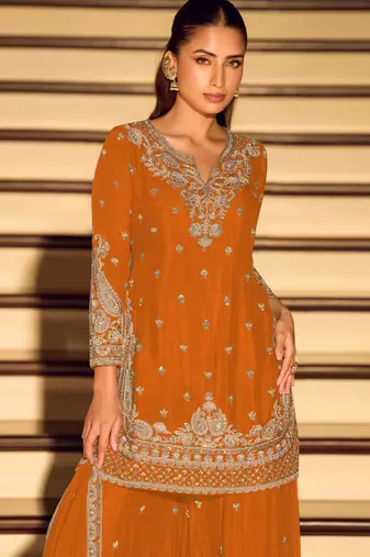 Orange embroidered chinon free size stitched palazzo style salwar suit