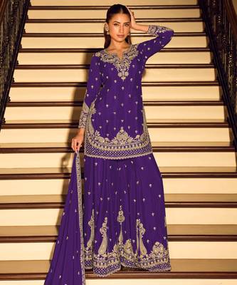 Purple embroidered chinon free size stitched palazzo style salwar suit 1