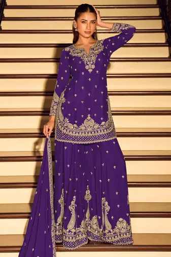 Purple embroidered chinon free size stitched palazzo style salwar suit