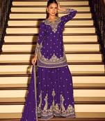 Purple embroidered chinon free size stitched palazzo style salwar suit