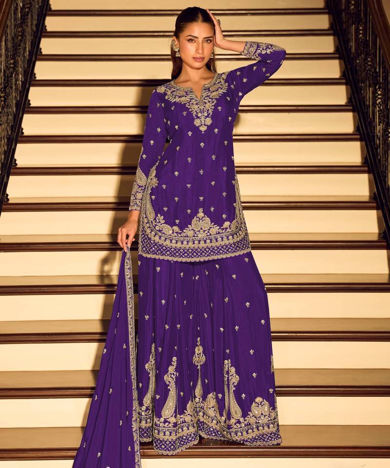 Purple embroidered chinon free size stitched palazzo style salwar suit