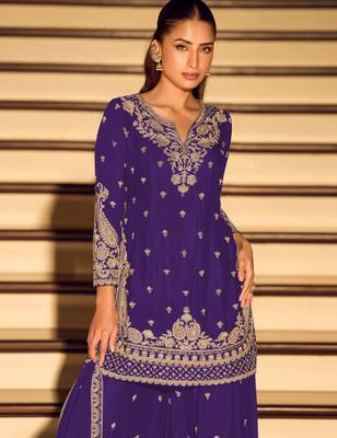 Purple embroidered chinon free size stitched palazzo style salwar suit 2