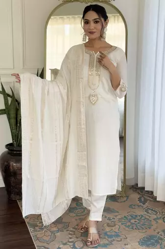 Women's off white viscose chanderi embroidered kurta pant set with jacquard dupatta