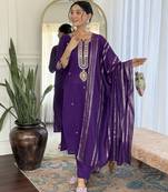 Women's royal blue viscose chanderi embroidered kurta pant set with jacquard dupatta