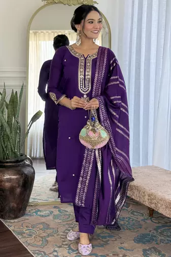 Women's royal blue viscose chanderi embroidered kurta pant set with jacquard dupatta