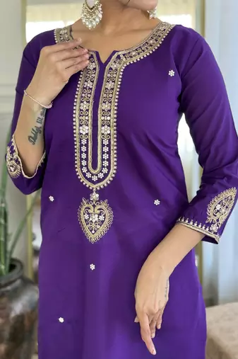 Women's royal blue viscose chanderi embroidered kurta pant set with jacquard dupatta