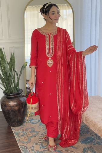 Red viscose chanderi sequin stone embroidered v-neck kurta pant set with jacquard dupatta