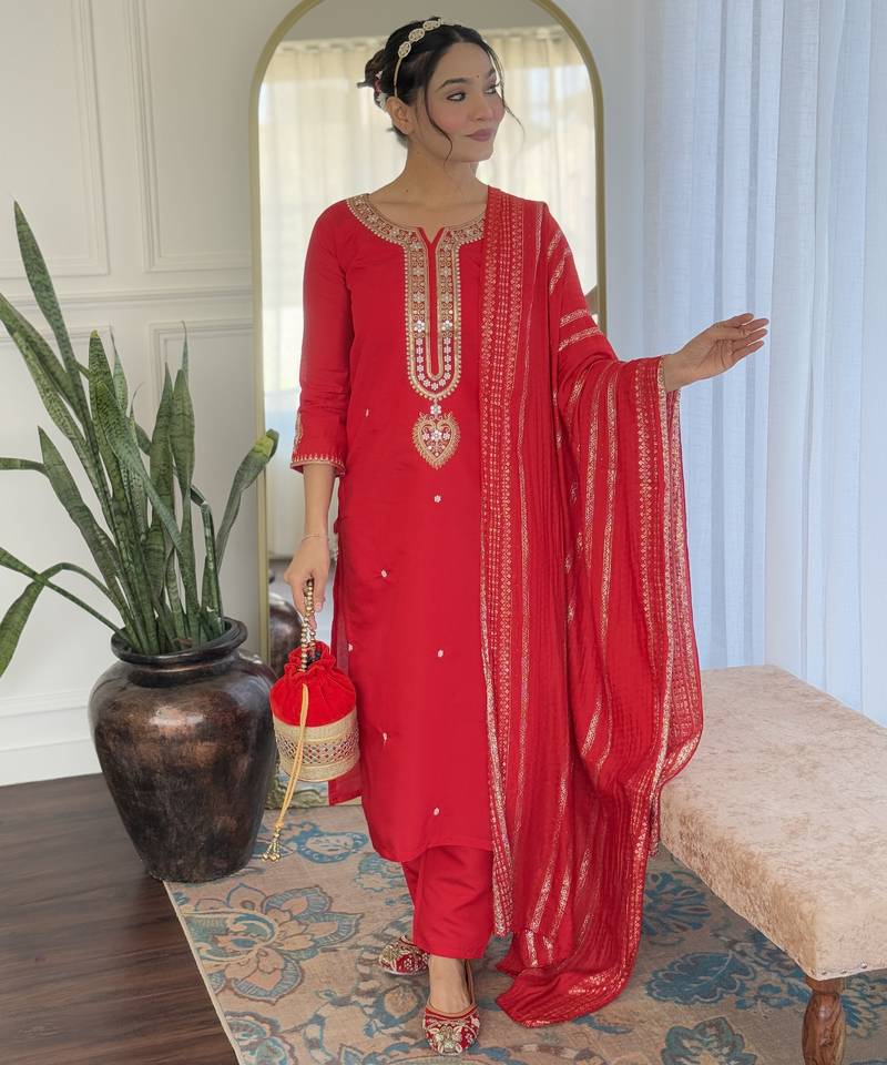 Red viscose chanderi sequin stone embroidered v-neck kurta pant set with jacquard dupatta