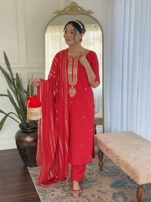 Red viscose chanderi sequin stone embroidered v-neck kurta pant set with jacquard dupatta 2
