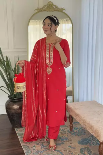 Red viscose chanderi sequin stone embroidered v-neck kurta pant set with jacquard dupatta