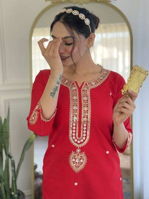 Red viscose chanderi sequin stone embroidered v-neck kurta pant set with jacquard dupatta 3